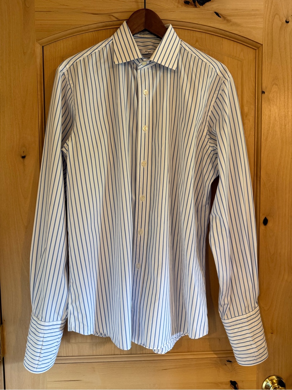 Men's Custom White Dress Shirt with Blue Pinstripes - Tailored Cotton Shirt